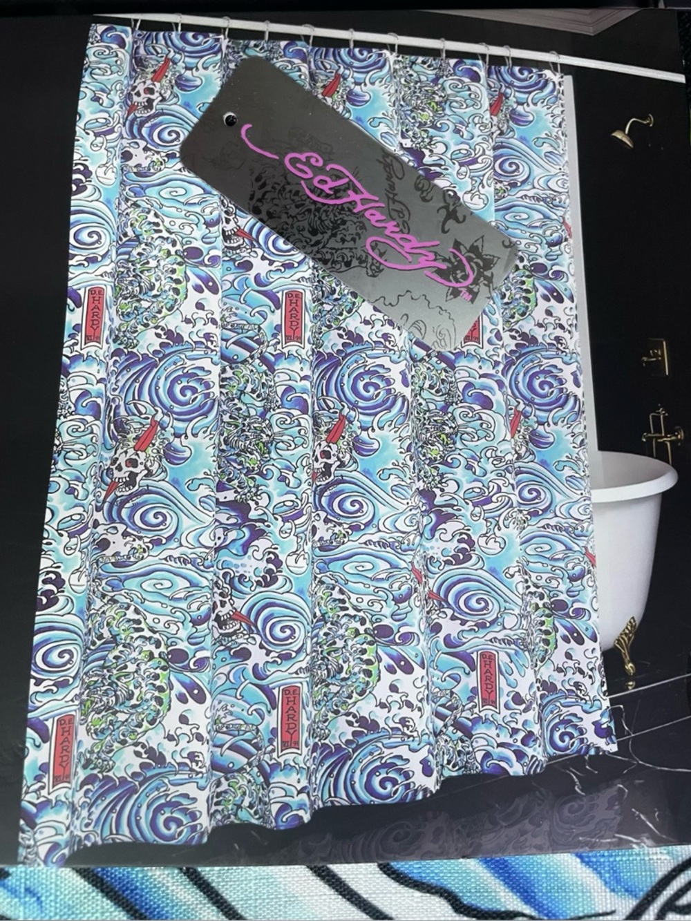 Ed Hardy 14-pc Shower Curtain Set Blue White Red Skull Waves Hooks 72x72 NWT